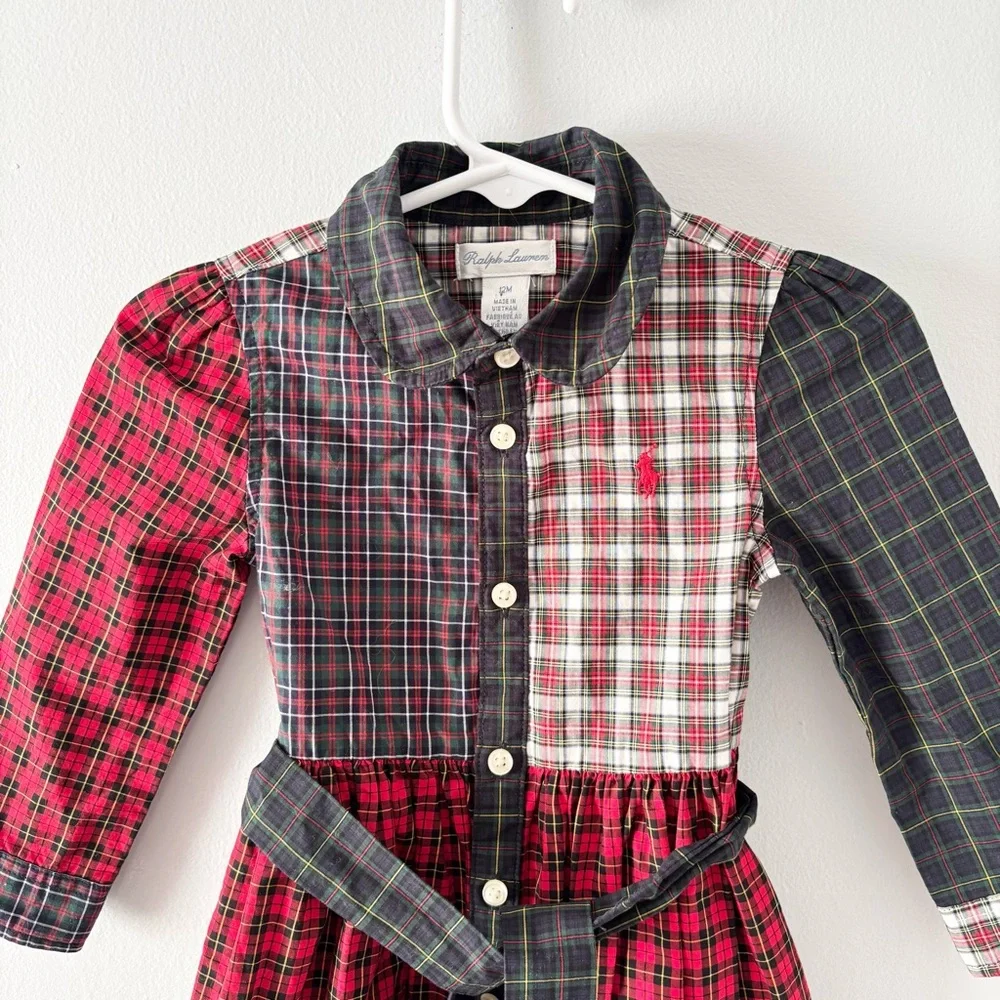 Ralph Lauren Baby Girl Plaid Cotton Shirtdress Mixed Print Belted Holiday